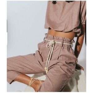 NWT Cleobella Handmade Lila Mauve Elastic Crop Top Kali Paper Bag Pant Set  SZ M
